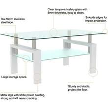 Glass Coffee Table For Living Room, Modern Coffee Table With Transparent Tempered Glass Top And White Metal Legs, Rectangle Tea Table For Home - White - View 5