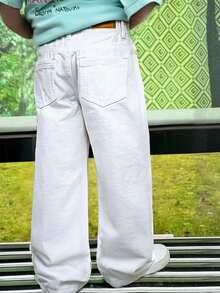 Young Boy Street Style Medium Wash Adjustable Waist Distressed Denim Jeans