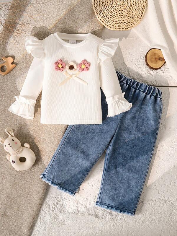 2pcs Baby Girls Spring/Autumn Outfit: Elegant Ruffle Trim Floral Round Neck Long Sleeve Top + Fringe Denim Long Pants Set