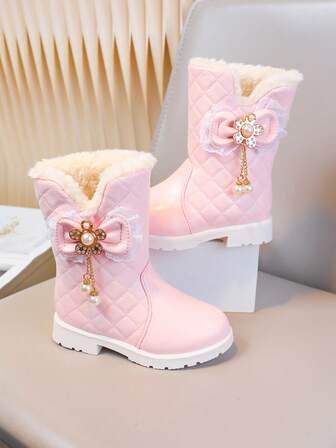 Botas de nieve de peluche de princesa para niñas con lazo - Botas de invierno de caña alta, zapatos navideños