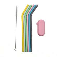 1 Set Reusable Silicone Straws With Cleaning Brush, High Temperature Drinking Straws For Coffee, Bubble Tea, And Outdoor Camping, Straight And Bent Styles Available - 彩色 - 查看 8
