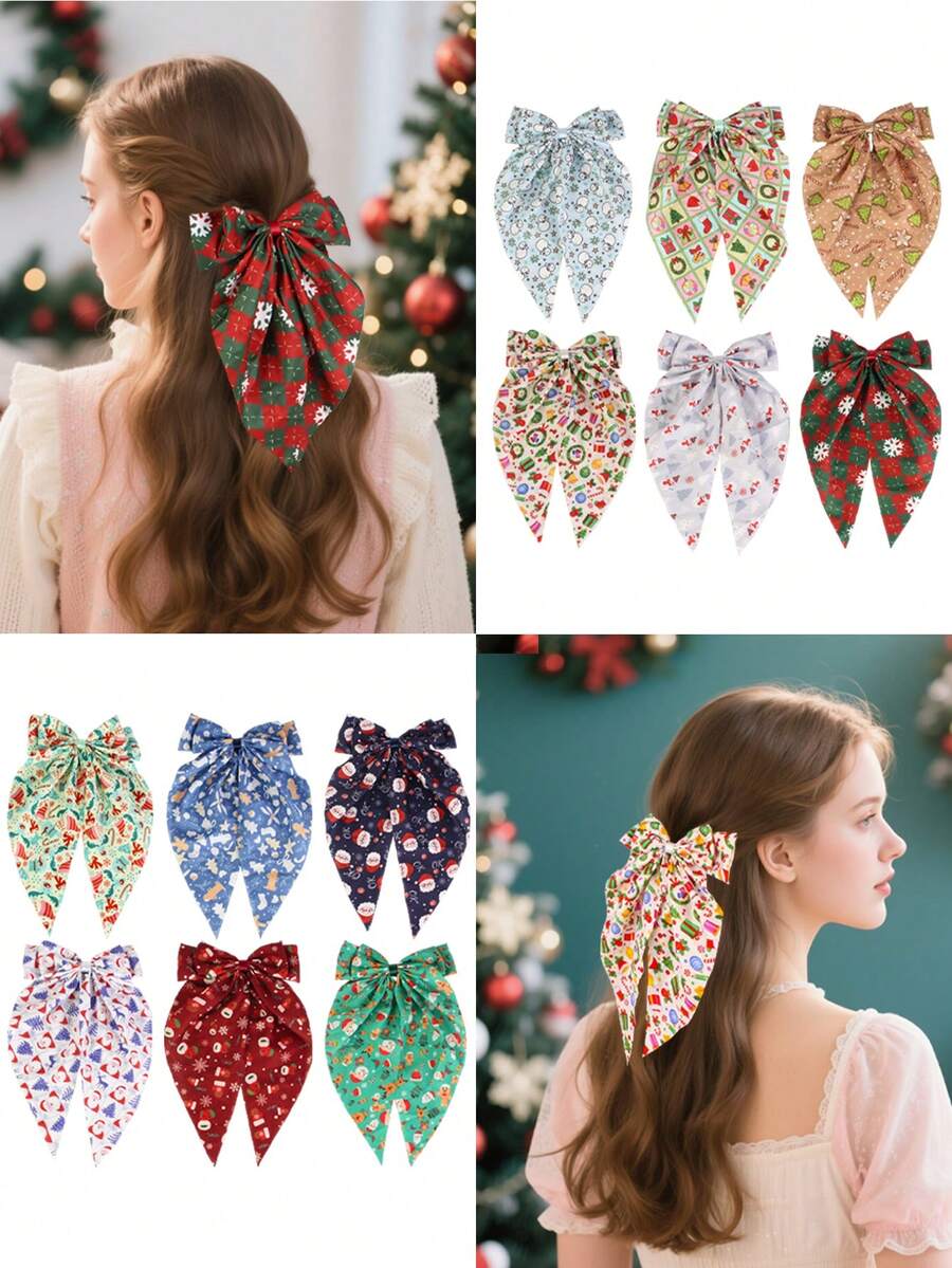 1 Peça Clipe de Cabelo Laço de Festa de Natal de Poliéster, Acessório de Moda para Mulheres, Adequado para Festa de Natal, Presilhas de Garra, Grampo de Cabelo, Barras de Cabelo - Multicolorido - Visão 1