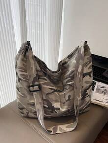 Borsa in tela vintage lavata di colore grigio mimetico di grande capacità, semplice e casual, con chiusura a cerniera, adatta per uso quotidiano, scuola, college, brevi viaggi, stile di strada, borsa a tracolla pieghevole e patchwork, borsa a spalla morbida per campeggio all'aperto