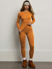 PinkTip 女式纯色无缝弹力长袖和长裤运动服套装，提臀、修身、柔软健身裤套装，适合日常休闲、健身、跑步、瑜伽、普拉提 - 橘色 - 查看 5