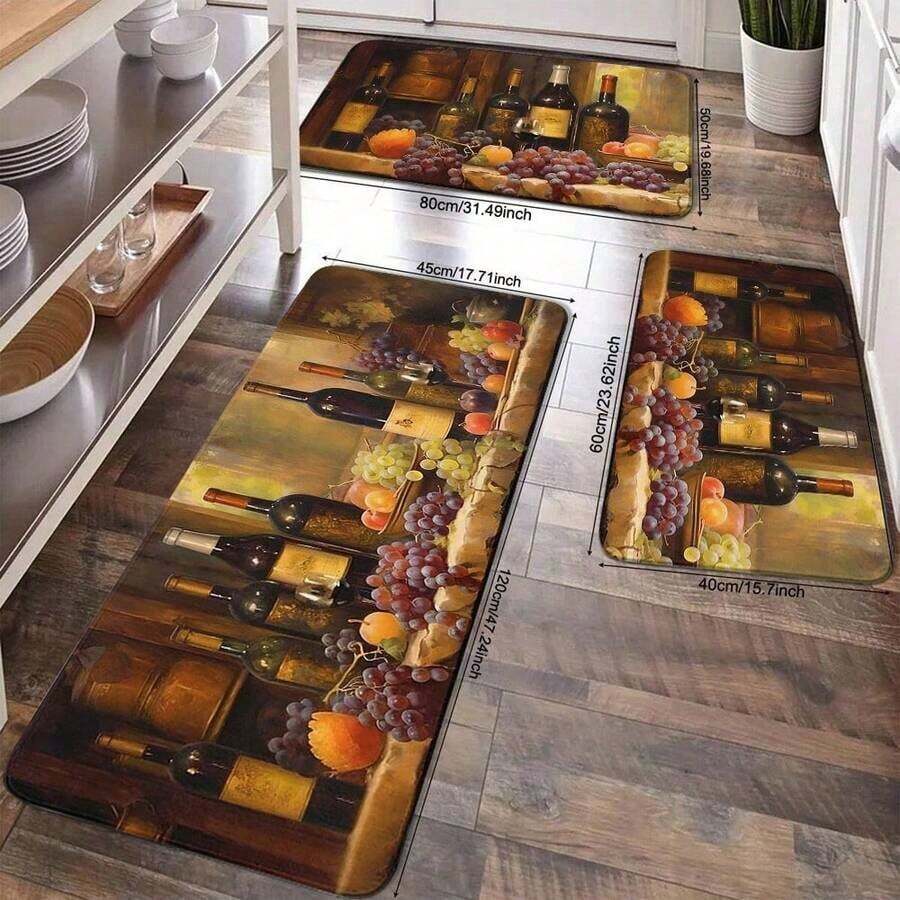 1/2/3pcs Kitchen Carpet, Retro-Style Wine Kitchen Decorative Floor, Anti-Slip Kitchen Carpet, Thickened Flannel Material, Soft, Comfortable, Easy To Clean, Suitable Bedroom, Living Room, Door, Bathroom Entrance, Laundry Room - màu đen - Xem 1