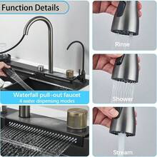 Saetow Juego de fregadero de cocina con grifo abatible, lavavajillas de alta presión y grifo de agua pura, fregadero de acero inoxidable 304 de un solo seno con caño en cascada, accesorios completos para cocina, negro mate/níquel cepillado (75 * 46 cm) - Negro mate 75*46cm - Ver 6