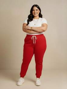 Women's Plus Size Jogger Sweatpants In Warm, Plush Flannel Fabric With Pocket | Plus Size Pants For Women - Đỏ - Xem 9
