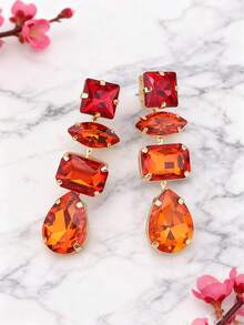 1 par de nuevos pendientes colgantes de aleación de cobre con cadena conectada, soldada, con garra geométrica y cristal de imitación, pendientes de mujer al por mayor - Estilo 1 - Ver 17