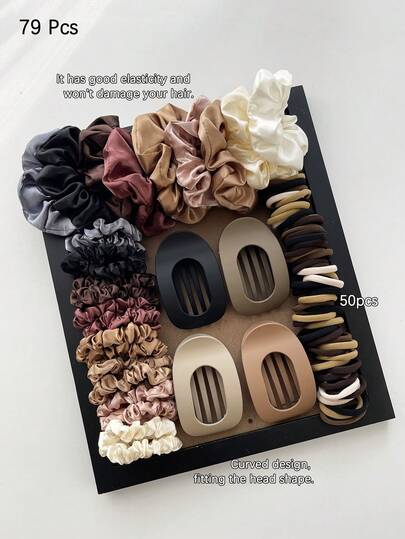 79pcs Assorted Hair Accessories Set, Maillard Color Flat Hair Claws, Scrunchies, Elastic Hair Ties, Durable Ponytail Holders, Large Hair Claw For Thick Hair, 2025 New Arrival