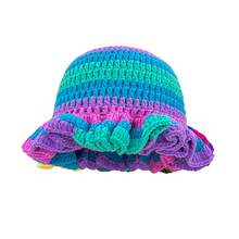 Colorful Handmade Color Block Ruffled Hand-Knitted Hat For Women, Autumn And Winter Warm Striped Fisherman Hat, Face-Slimming Bucket Hat Suitable For Women In Autumn - 水藍條紋 - 查看 5