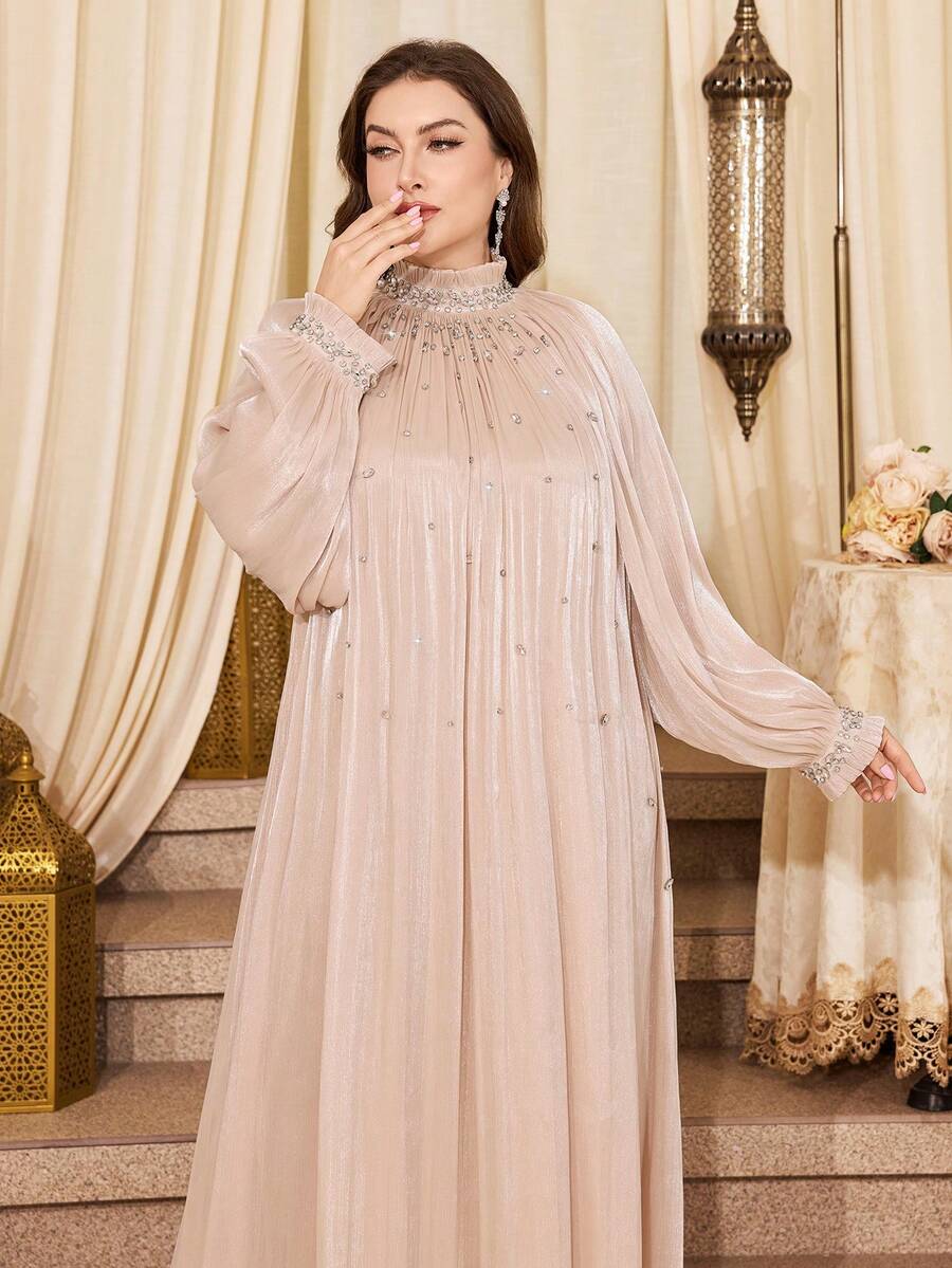 Vestido maxi elegante de manga larga con cuello alto, con volantes con cuentas y lentejuelas en unicolor para mujer de talla grande, adecuado para fiestas, compras, vacaciones y bodas de primavera para uso diario - Albaricoque - Ver 1