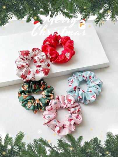 5pcs Women's Christmas Theme Holiday Atmosphere Hair Scrunchies With Snowman, Christmas Tree, Santa Claus, Christmas Stocking, Snowflake, Candy Cane Patterns, Fashion Versatile High-End Elegant Cute Hair Ties, Suitable For Christmas Makeup And Hairstyling