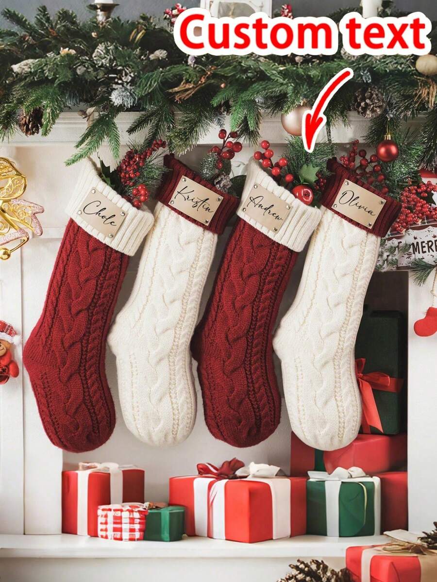 Calcetines navideños personalizados, calcetines navideños con huella de mascota personalizados, calcetines navideños familiares de punto con parche de cuero, calcetines con huella de perro, calcetín de gato, regalo de Navidad, decoraciones navideñas - Multicolor - Ver 1
