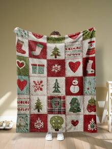 1 件圣诞元素拼布法兰绒毯：雪人与圣诞树图案，温暖的冬季氛围法兰绒毯，现代涤纶矩形毯适合多种场合