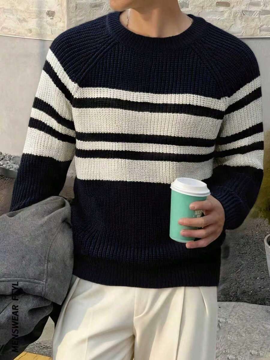 Men's Round Neck Knitted Contrast Striped Sweater, Versatile Casual Suitable For Autumn/Winter - Navy Blue - View 1