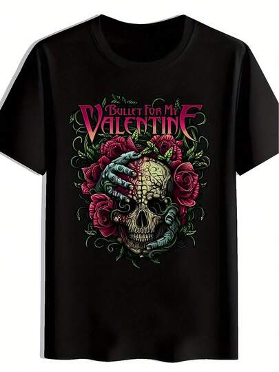 [Bullet For My Valentine Tee] Bullet For My Valentine Men's Graphic T-Shirt    & Roses Rock Band Tee, British Metalcore Band Merch, Summer Casual Short Sleeve Round Neck Top, Vibrant P