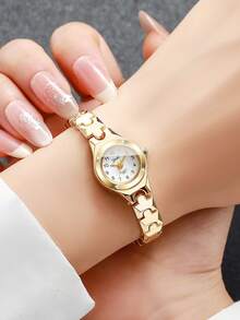 1件女士时尚简约数字小表盘优雅石英手链手表，不含表盒 - 金色 - 查看 2