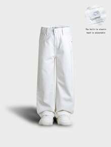 Young Boy Street Style Medium Wash Adjustable Waist Distressed Denim Jeans