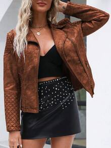 Áo khoác da giả ngắn kiểu biker dành cho nữ của Giolshon - Thiết kế khóa kéo bất đối xứng, phong cách đường phố thời trang để mặc nhiều lớp. - Màu Cam cháy - Xem 8