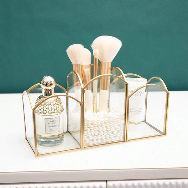 1 peça de suporte para pincéis de maquiagem de vidro transparente, organizador de pincéis de maquiagem de vidro temperado de luxo, adequado para decoração elegante de banheiro (dourado, 3 camadas)