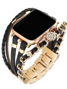 1PC Luxury Black Gold Watch Strap Accessories Compatible With IWatch 49mm 46mm 45mm 44mm 42mm 41mm 40mm 38mm, Woven Leather & Metal Chain Rhinestone Bling Design Wristband Compatible With Apple Watch Series 11 SE3 10 9 8 7 6 5 4 3 2 1 Ultra3/2/1, Fashion Statement For Business/Evening Occasions Watch Bands