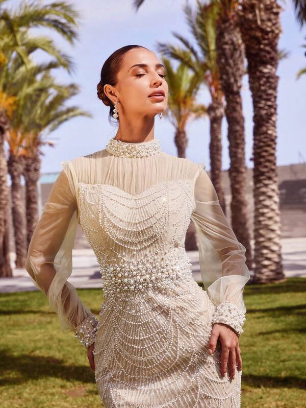 Faeriesty Haute Glamour Luxury Sequin Mermaid Evening Gown With Sheer Long-Sleeve Top & Cascading Pearl & Crystal Embellishments - Beaded Waist & High Neckline Design For Galas, Destination Weddings, Met Gala, & High-End Parties