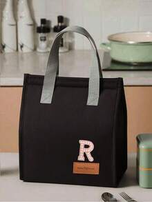 1pc Pearl Letter Pattern Canvas Tote Bag, Simple English Letter Solid Color DIY Handheld Insulated Lunch Bag, Lunch Box Bag, Thermal Lunch Bag, Large Capacity Insulated Lunch Tote Bag For Students, Office Workers, Waterproof, Oil-Proof - Multicolor - View 69