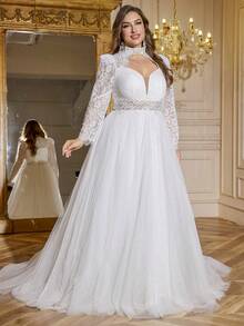 UNITHORSE 大码 V 领镂空蕾丝刺绣网纱拼接白色婚纱，白色连衣裙 - 白色 - 查看 6