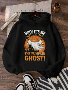 Sudadera con capucha y estampado de fantasma de calabaza de Halloween Boo It's Me para mujer, informal, de manga larga, con hombros caídos - Negro - Ver 2
