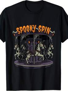 Spooky Spin Haunted Ride Carousel Horae Funny Halloween Tee T-Shirt - Style 15 - View 1