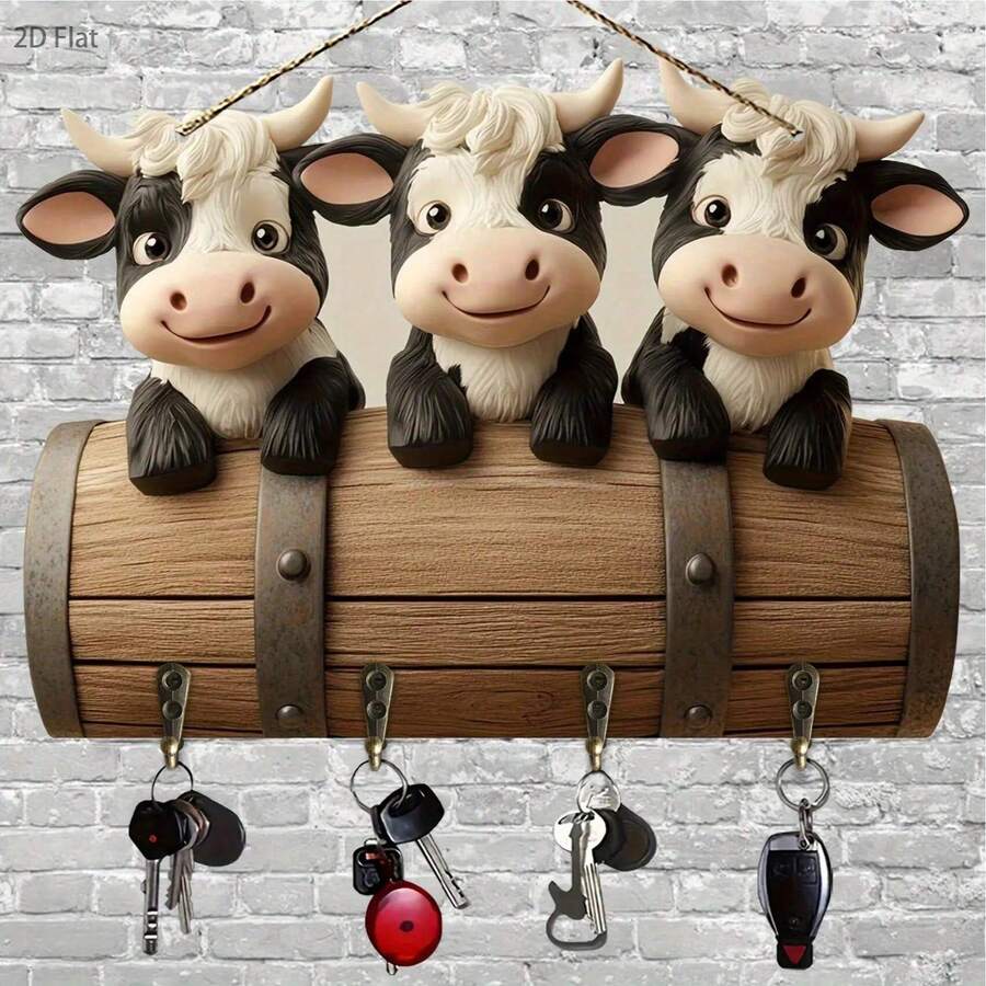 1 pieza, Soporte de llaves de madera de vaca triple de función múltiple con 4 ganchos de metal, decoración de pared, decoración del porche, decoración de la habitación, decoración de la villa, decoración del hogar para todas las estaciones, 2D plano