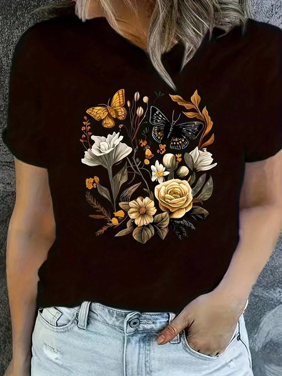 Camiseta Casual de Manga Corta para Mujer - Estampado de Mariposa y Flores Negra con Cuello Redondo, Elegancia Inspirada en Oriente Medio Lavable a Máquina para Salidas Informales, Camisas de Verano, Moda Oriental, Ajuste Cómodo