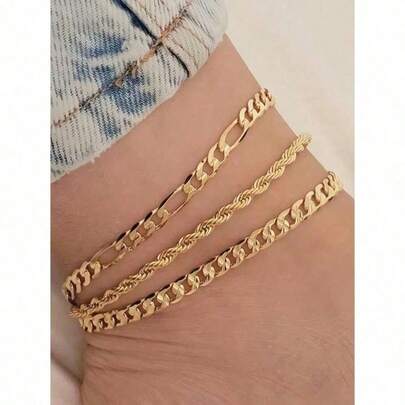 3pcs/Set Multi-Layered Chain Unique Design Anklets, Street Style Suitable For Women Everyday Wear