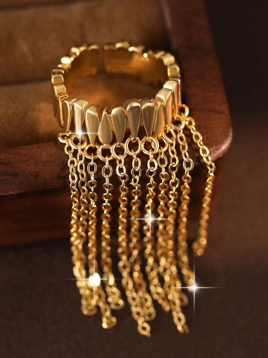 1pc Fantasy Long Tassel Cubic Zirconia Engagement Rings For Women Glamorous Wedding Queen Openable Ring For Anniversary Party Jewelry Gift - Yellow Gold - View 1