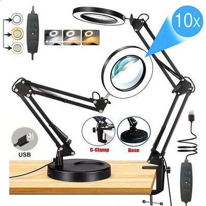 1 Kính lúp đen 10X có đèn, cấp nguồn qua USB, 3 chế độ màu, 10 mức độ điều chỉnh độ sáng, đèn lúp tay dài linh hoạt, có thể xoay 360° và gập lại được, đèn bàn tay dài hiện đại để đọc sách, chiếu sáng làm việc, hàn, làm móng và sửa chữa đồ điện tử