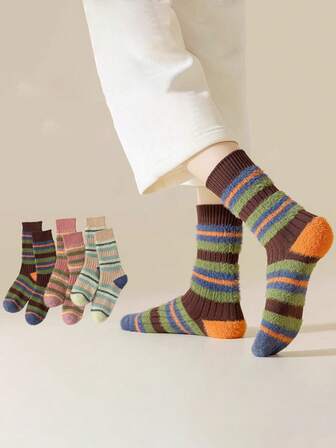 3 pares de calcetines a media pierna con parches a rayas, calcetines suaves y cálidos para mujer, otoño/invierno