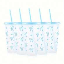 20/10 Pack 24oz Bow Plastic Cups With Straw And Lid, Pink Blue Reusable Travel Tumbler Cups, Heart-Shaped Pattern Iced Coffee Drink Cup, Suitable Birthday, Festival, Wedding, Anniversary And Party Supplies Valentine's Day,, Mother's Day, Halloween And Graduation Season Gifts - 藍色 - 查看 3