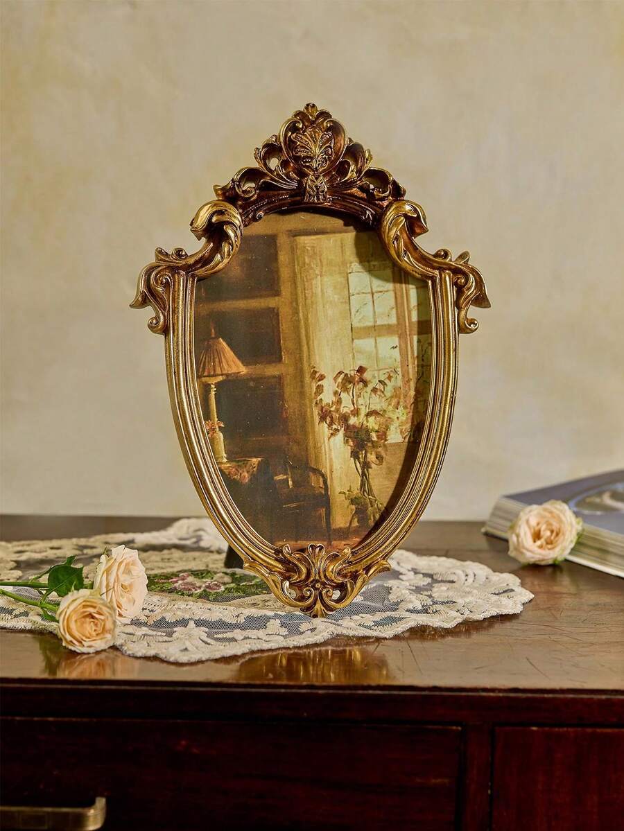 1pc European Classical Style Gold Patterned Asymmetrical Mirror Decoration Photo Frames, Can Be Hung Or Placed On Table As Home Wall Or Vanity Mirror Decoration Best Gifts Birthday Graduation