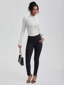 女士性感修身立领长袖蕾丝镂空衬衫，适合夏季穿着，可作婚礼宾客白色上衣 - 白色 - 查看 8