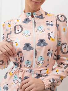 cimmuovere Women's Long Sleeve Puff Sleeve Long Open Front Collar Waist Tie Cute Print Scrubs Nurse Scrubs Workwear Dentist Healthcare Pet Hospital Laboratory Jacket Spring - Dusty Pink - View 4