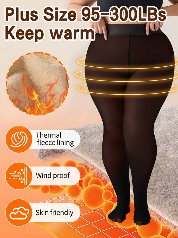 5 Colors Plus Size 95-300LBs Women'S Fleece Lined Leggings - High Waisted Sheer Fake Translucent Thermal Footed Tights, Polyester Blend, Knit Fabric, Solid Color, Hand Wash Or Professional Dry Clean