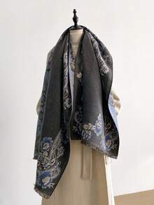 1pc Elegant Floral & Plant Pattern Jacquard Faux Cashmere Warm Scarf/Wrap, Versatile For Women In Autumn/Winter, Suitable For Daily Matching And Decoration