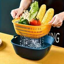 6件套（3个篮子+3个碗）双层滤水篮，食物储存和整理套装，塑料滤锅筛篮，可重复使用的蔬菜清洗篮，厨房家用滤网，水果蔬菜清洁篮，厨房用品，厨房小工具及配件 - 彩色 - 查看 6