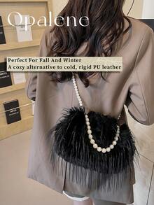 Fluffy Shoulder Bag For Women, New Tassel Turkey Feather Niche Crossbody Bag, Faux Pearl Chain All-Match Autumn And Winter Plush Bag, Women's Faux Fur Fuzzy Hobo Bag, Evening Faux Fur Handbags, Furry Fluffy Fuzzy Bags Purse, Crossbody Shoulder Strap, Evening Clutch Bag, Wedding Party Bag, Fashionable Cute Pearl Tassel High-End Furry Shell Design Tote Bag - Nhiều màu - Xem 9