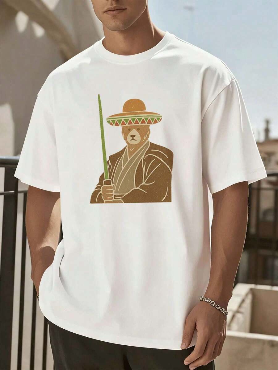 PLUS SIZE Bear Sombrero Graphic Tee Combed Cotton Durable Slim Fit Casual – Soft Everyday Essential - White - View 1