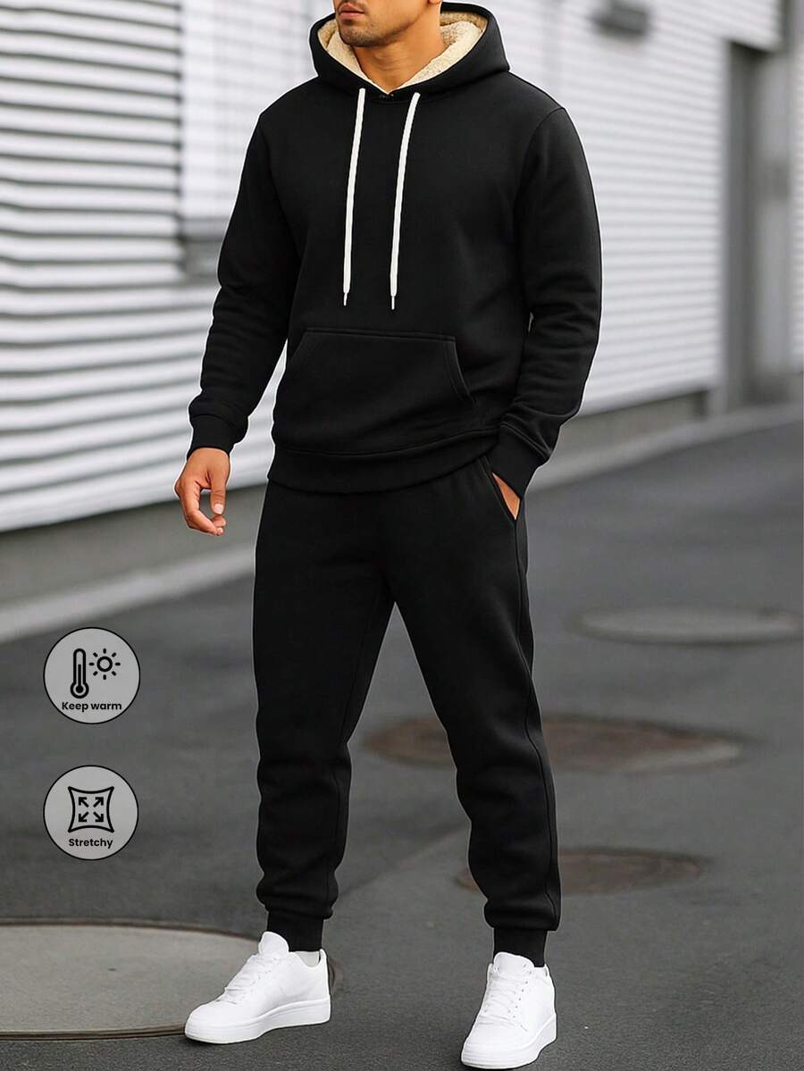 男士休闲户外运动保暖连帽衫和裤子套装,秋冬 - 黑色 - 查看 1
