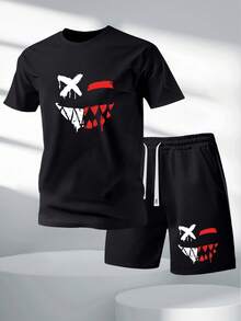 Bộ áo thun tay ngắn và quần short dáng ôm vừa vặn dành cho nam, trang phục dã ngoại thoải mái, in họa tiết cá tính, quần cạp chun có túi và dây rút, bộ 2 món - màu đen - Xem 2