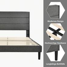 Upholstered Bed 140 X 200 Cm, Bed Frame With Slatted Base And Headboard, Upholstered Double Bed, Dark Grey Linen Textile Cover, Modern And Timeless Design, Youth Bed - Grey - View 8