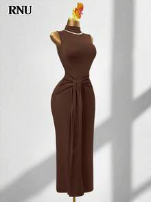 RNU Brown Coffee Color Women's Simple High Neck Stretch Base Slim Women Casual Club Business Casual Concert Outfit Office Outfits Old Money Style Hot Solid Color Ribbed Knitted Fabric High Elastic Ultra Soft Comfortable Skin-Friendly Bodycon Slim Fit Casual Daily Sexy Party Street Vacation Travel Date Spring/Summer/Autumn/Winter Sleeveless Waist Strap New Long Dress