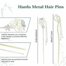 MX  8 Pieces Vintage Retro Asian Chinese Hanfu Gold Metal Hair Sticks Pins With Pearl Pendants Bamboo Leaf Flower Fishtail Hair Chopsticks Forks Bun Updo Holders Long Hairpins For Women Girls - 8件套F - 查看 7